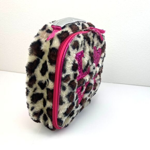 Cheetah Fur Pink Glitter LOVE Lunchbox Vinyl Interior Zip Around Purse Kitschy - Picture 4 of 6